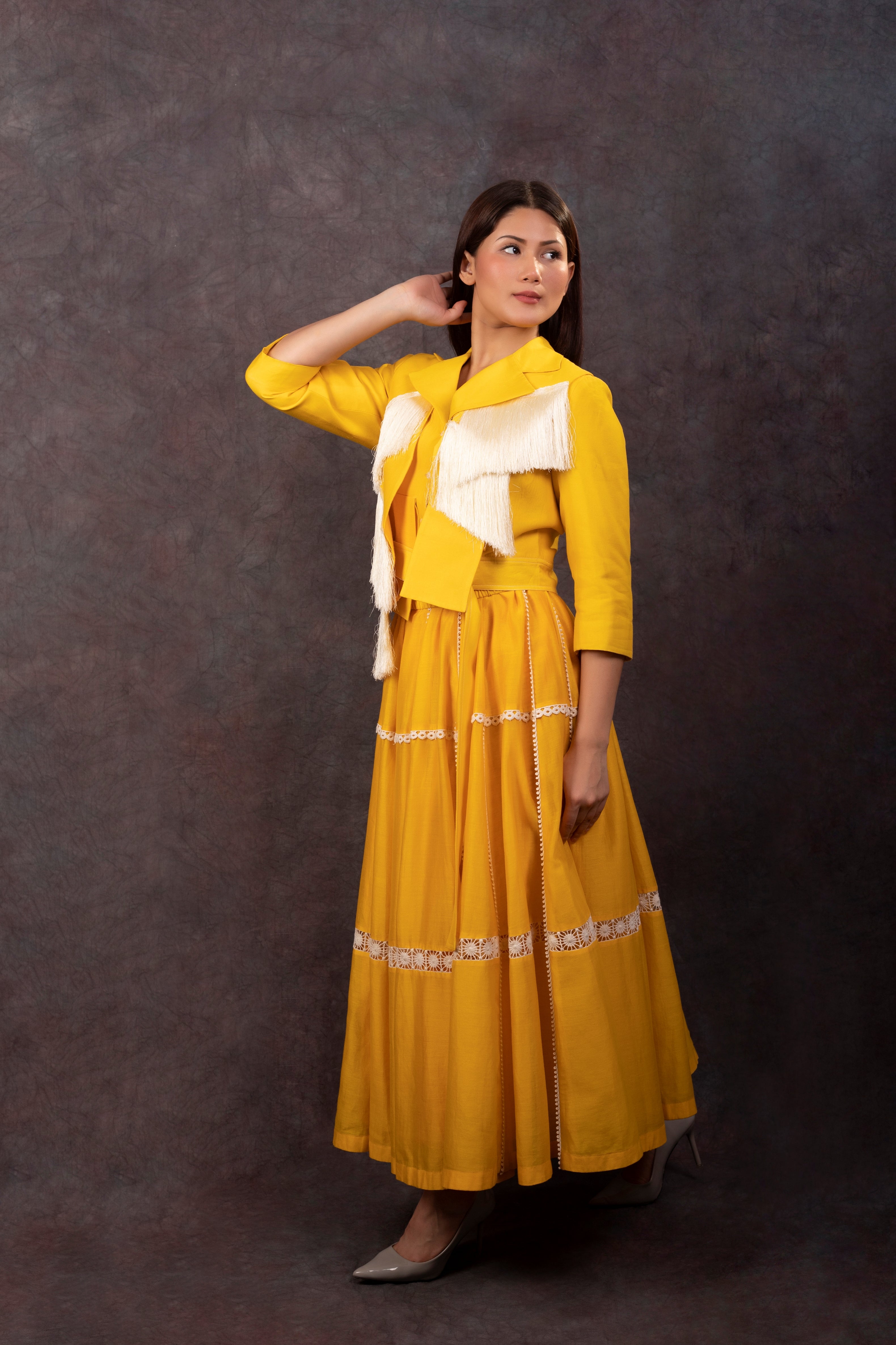 FRINGE JACKET & SKIRT -YELLOW