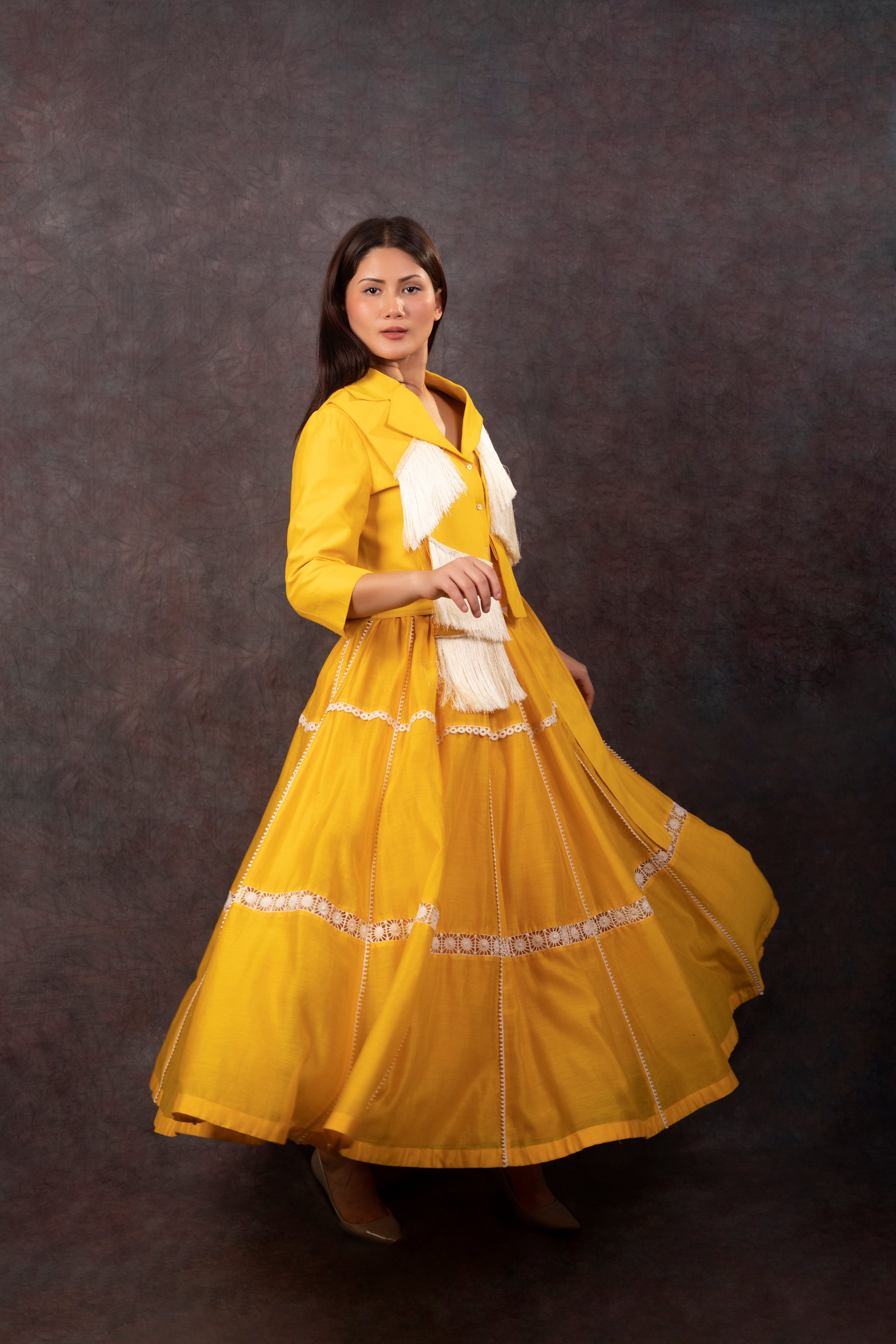 FRINGE JACKET & SKIRT -YELLOW