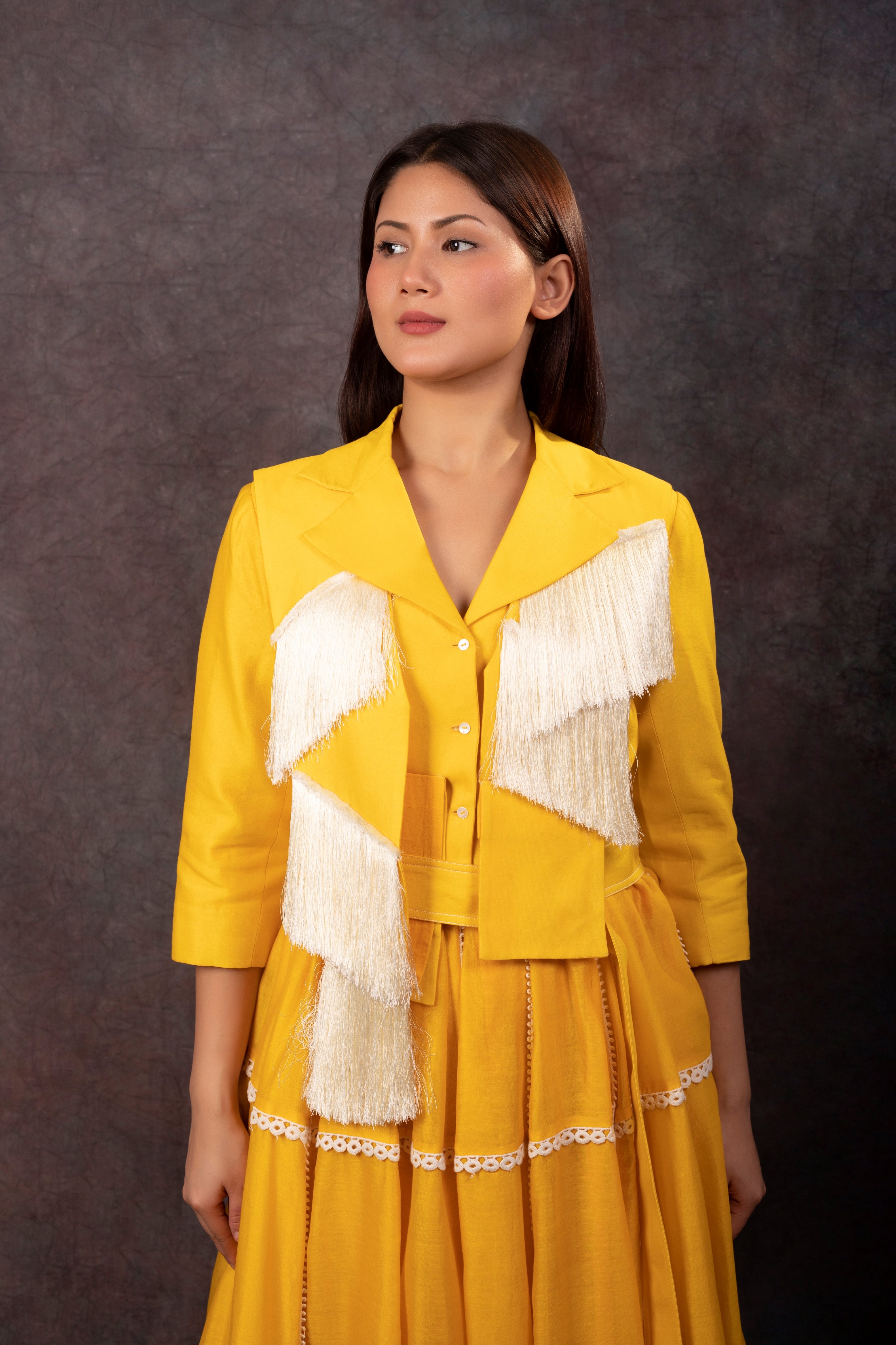 FRINGE JACKET & SKIRT -YELLOW